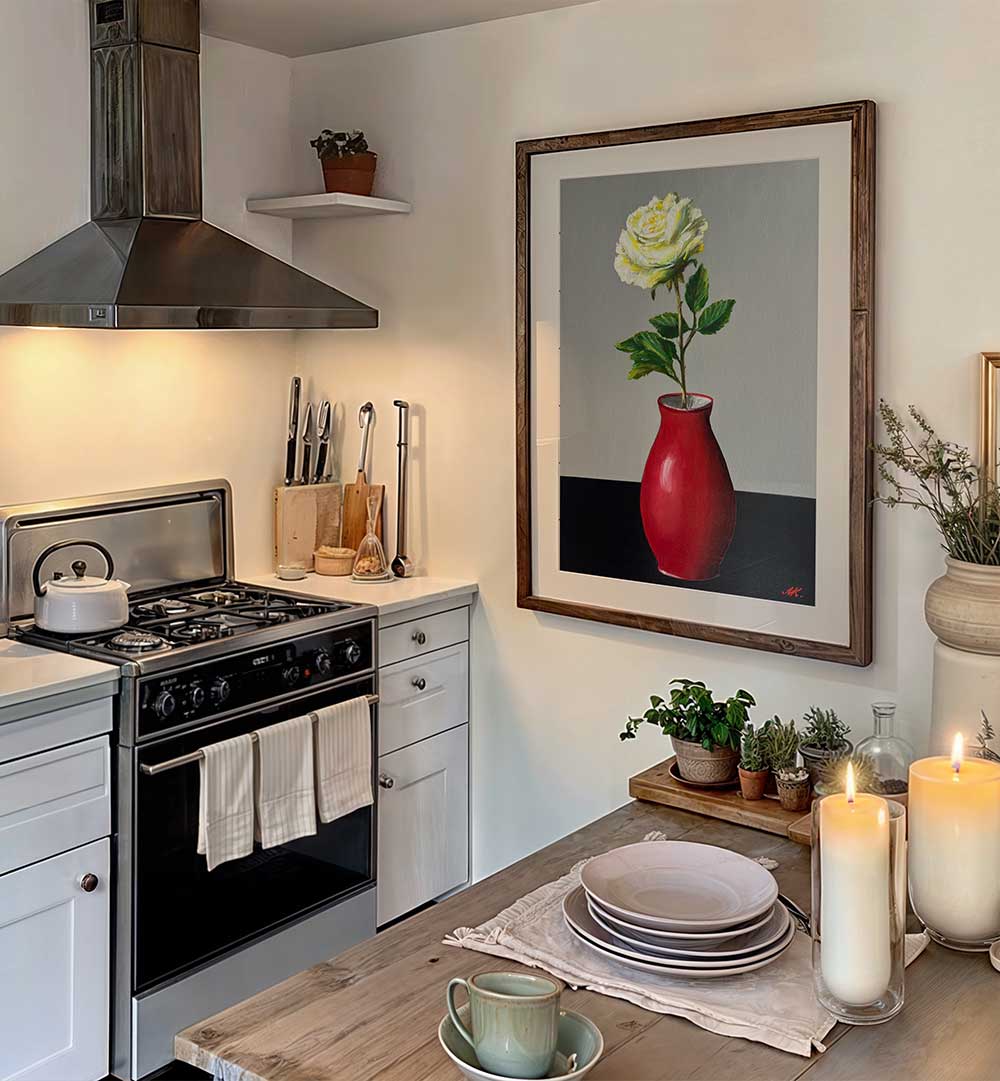 WHITE ROSE IN A RED VASE , FLORAL FLOWER PAINTINGS