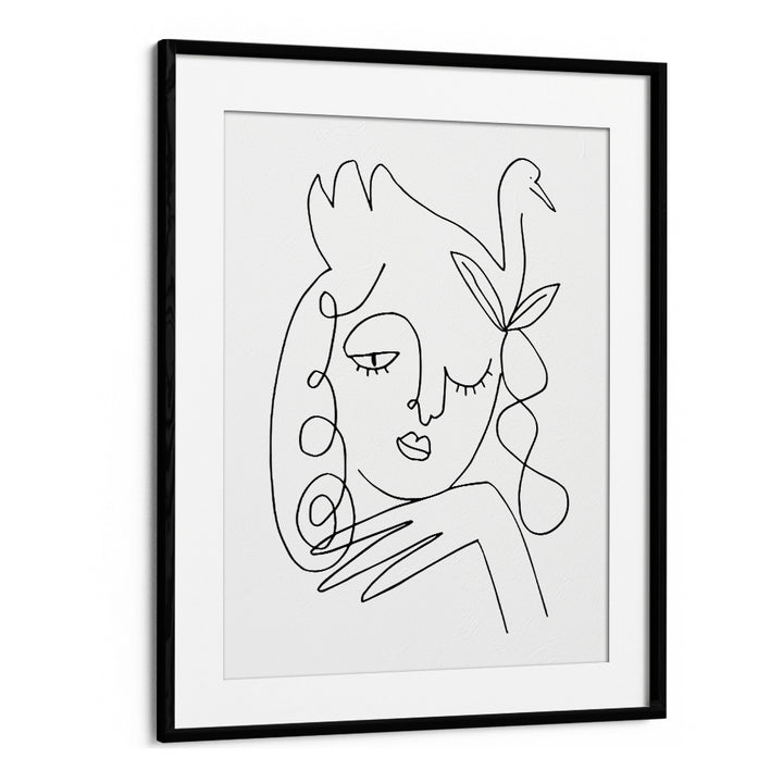 White Swan Line Art Artwork in Black Frame With Mount