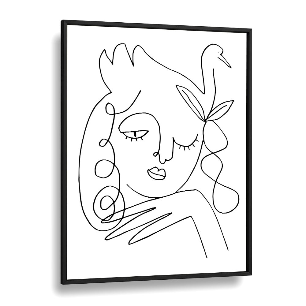 White Swan Line Art Artwork in Black Plain Frame