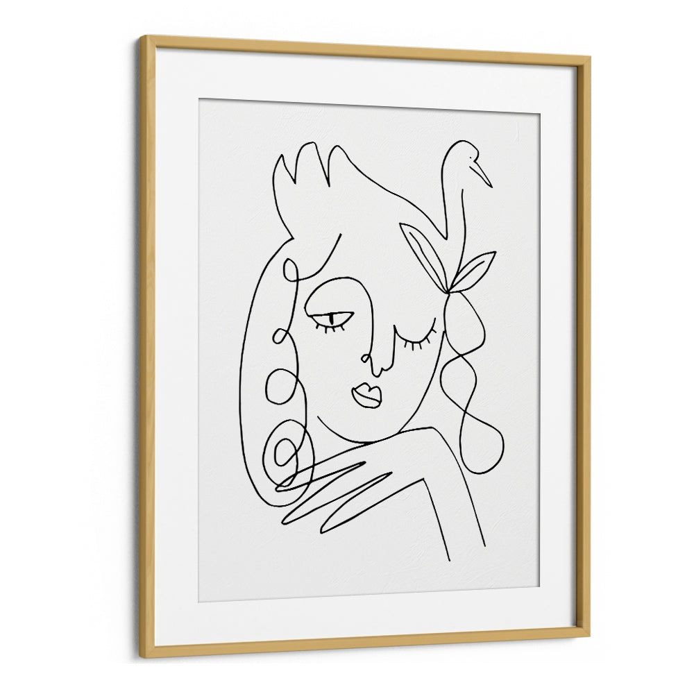 White Swan Line Art Artwork in Oak Wood Frame With Mount