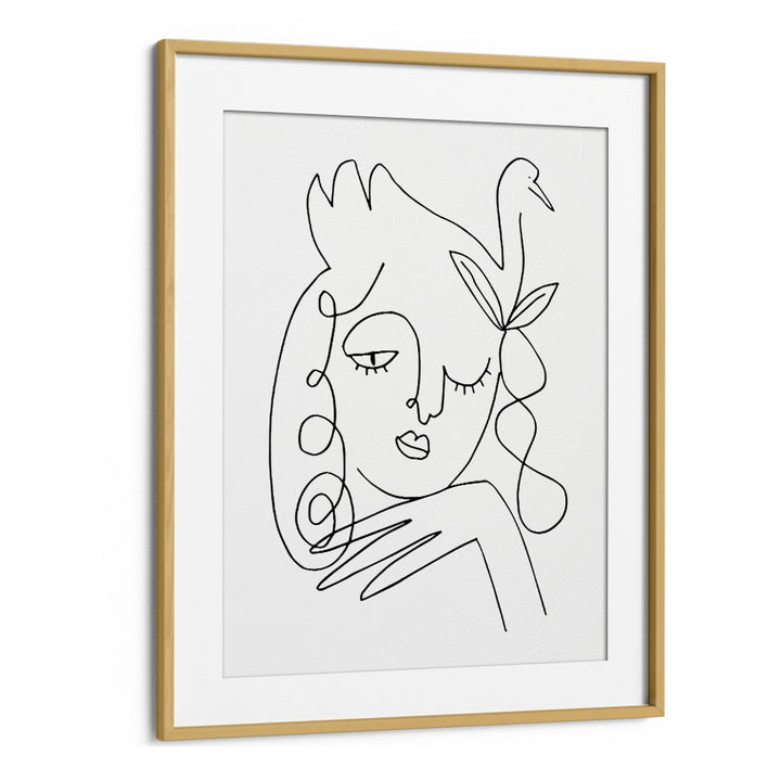 White Swan Line Art Artwork in Oak Wood Frame With Mount