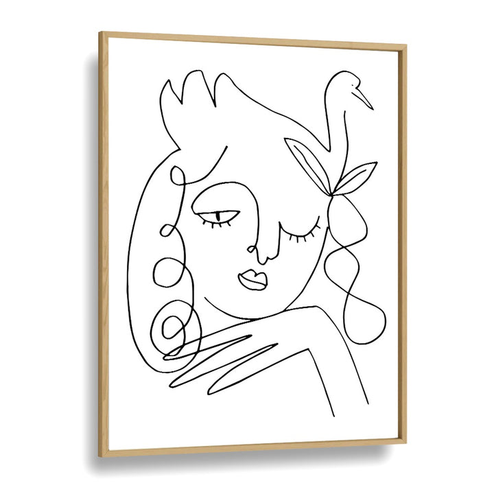 White Swan Line Art Artwork in Oak Wood Plain Frame