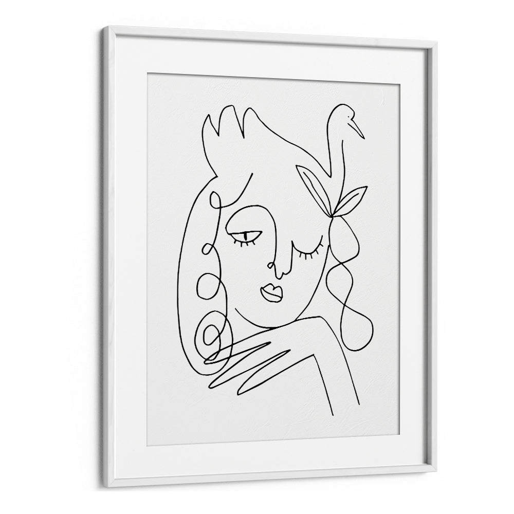 White Swan Line Art Artwork in White Frame With Mount