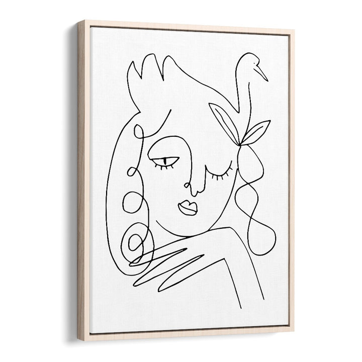 White Swan Line Art Artwork in Oak Wood Floater Frame