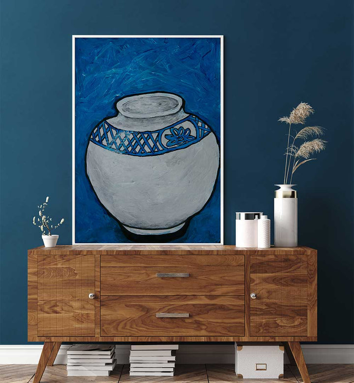 Stunning WHITE VASE WITH BLUE, KITCHEN POSTERS enhancing a stylish kitchen with charm and character.