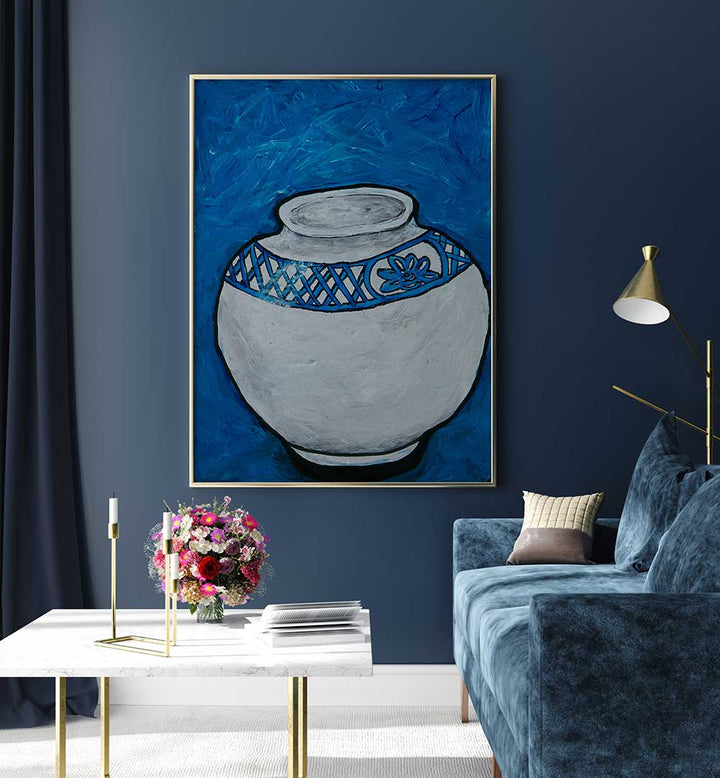 Stylish WHITE VASE WITH BLUE, KITCHEN POSTERS enhancing a modern kitchen's decor and charm. Perfect for culinary spaces.