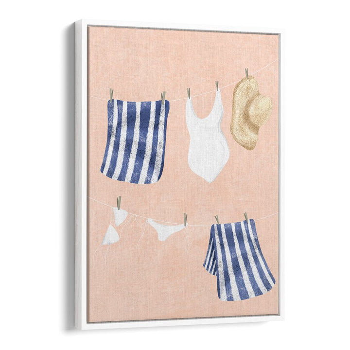 Colorful AFTER THE SWIM, KIDS ROOM PAINTINGS showcasing swimsuits and towels on a line, perfect for children's decor.