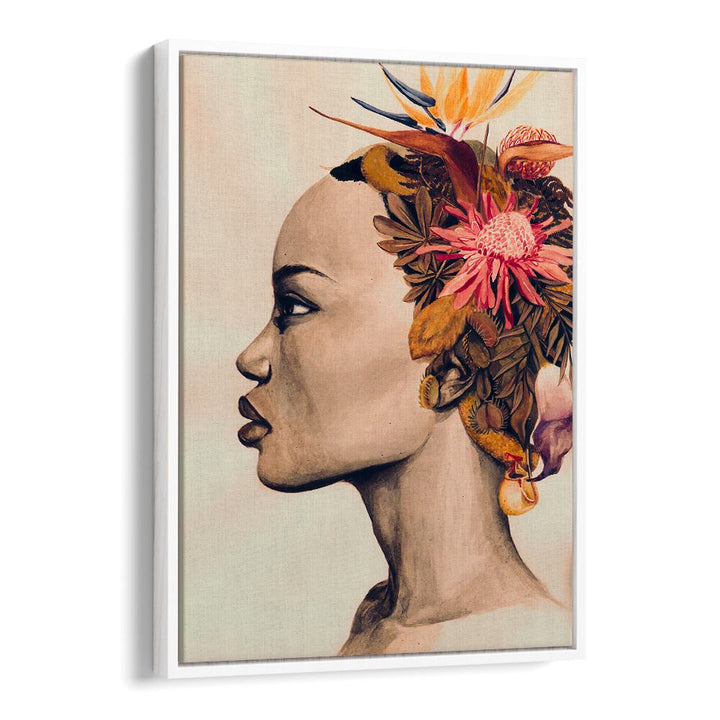 Elegant AMARE fashion poster showcasing a profile adorned with vibrant flowers, perfect for stylish home decor.