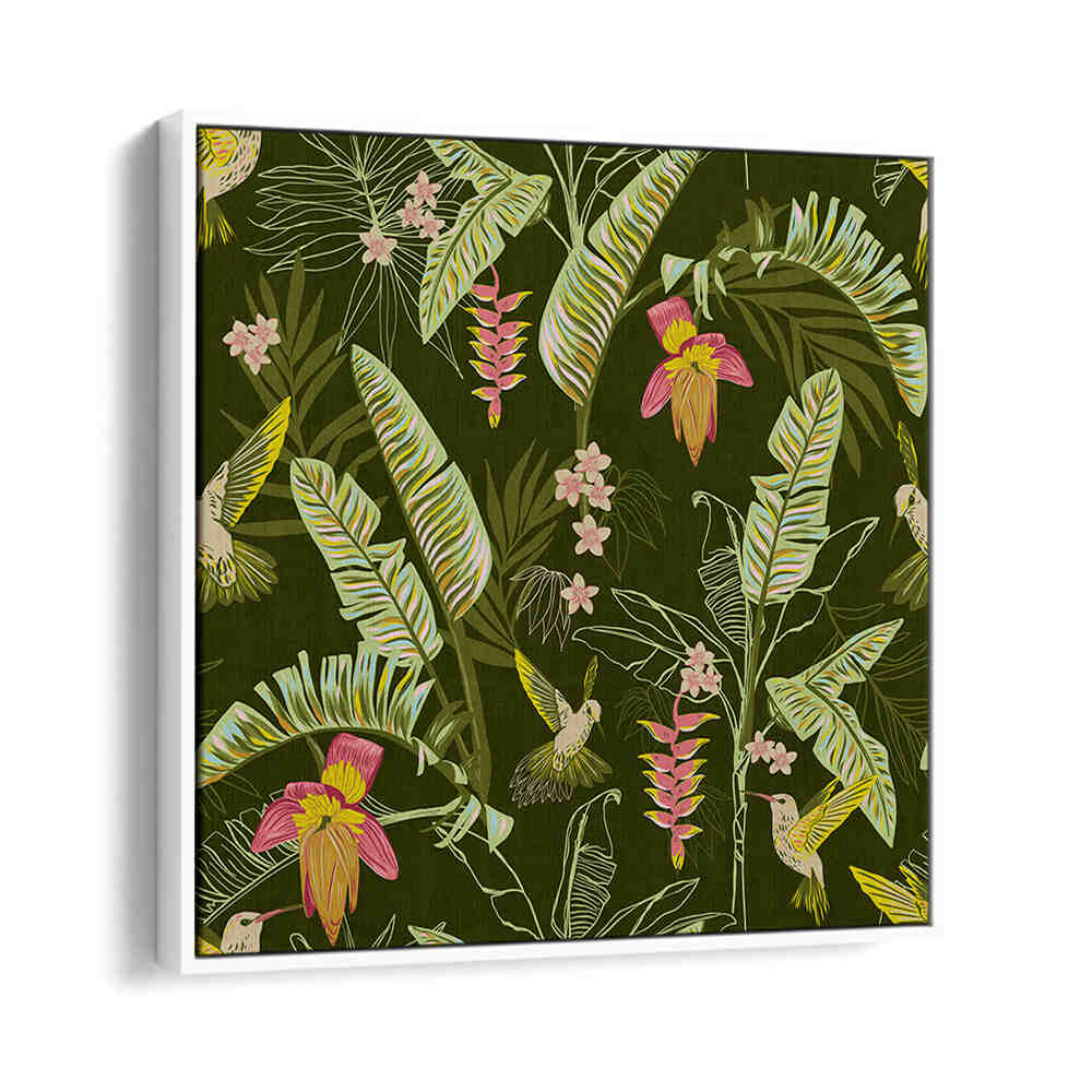 BANANA LEAVES AND HUMMINGBIRDS , FLORAL FLOWER PAINTINGS