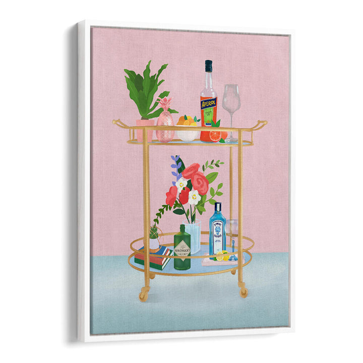 BAR CART , BAR gold bar cart with bottles and flowers on pink backdrop – Whitefloater
