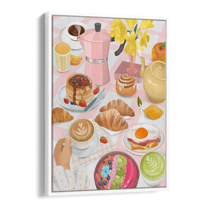 BREAKFAST Kitchen Posters by WhiteFloater: pastel breakfast spread with coffee, croissants, pancakes and pastries.