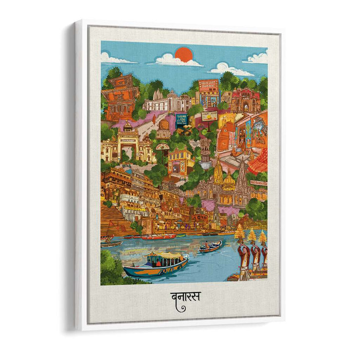 Colorful Varanasi travel poster showcasing iconic landmarks and the Ganges River, perfect for your decor.