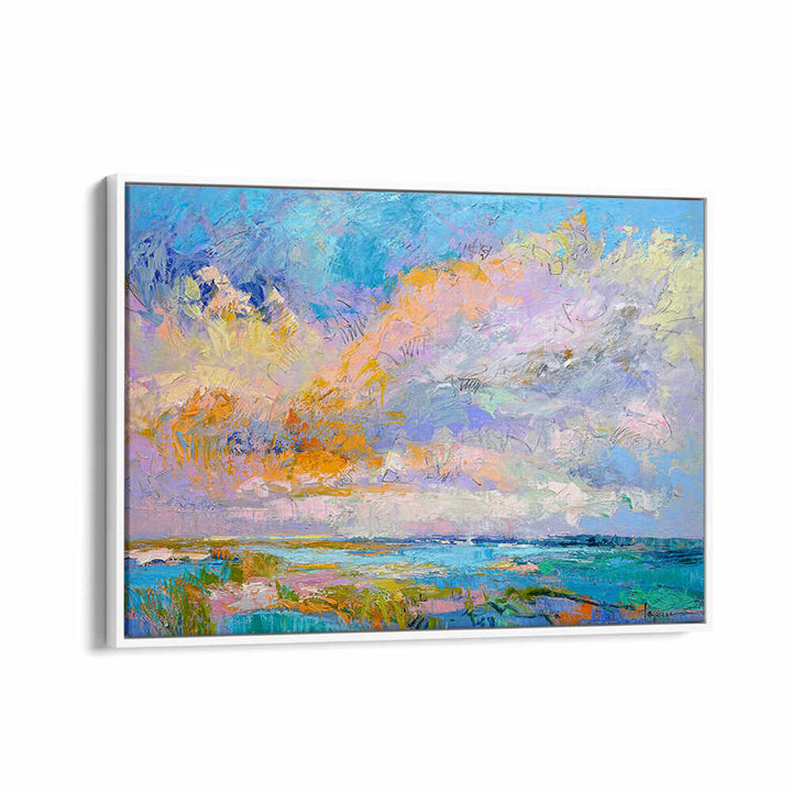 COLORFUL , LANDSCAPE PAINTINGS featuring a framed coastal landscape with pastel skies and thick textured brushstrokes