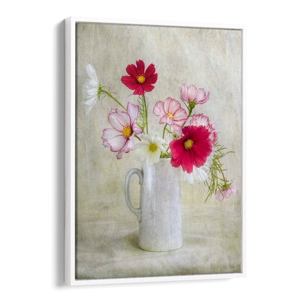 Vibrant COSMOS CARNIVAL, FLORAL FLOWER PAINTINGS featuring colorful blooms in a charming white vase. Perfect for decor!