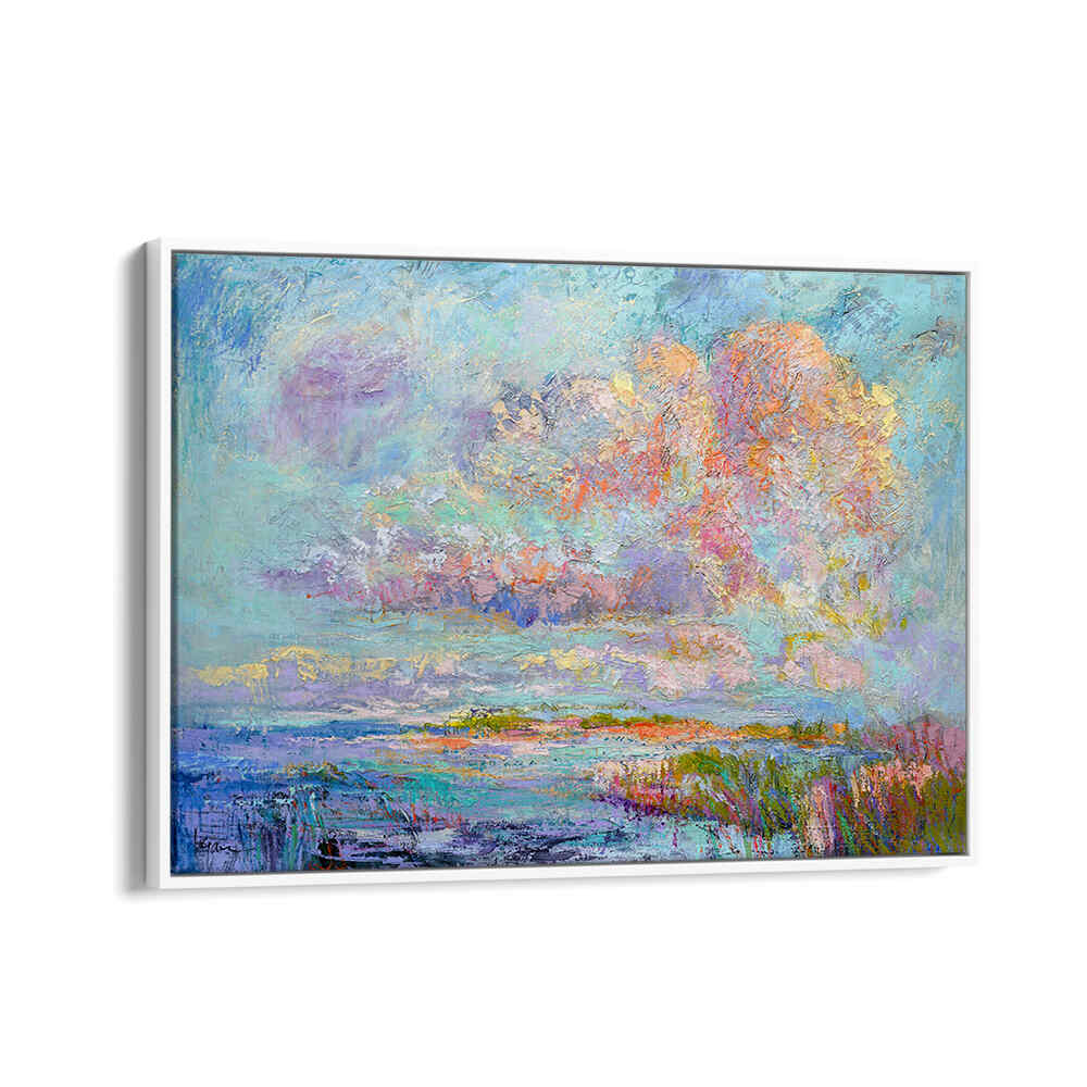 DREAMSCAPE HUES , LANDSCAPE PAINTINGS by Whitefloater: pastel textured landscape with dreamy clouds, marsh and framed print