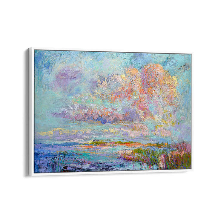DREAMSCAPE HUES , LANDSCAPE PAINTINGS by Whitefloater: pastel textured landscape with dreamy clouds, marsh and framed print