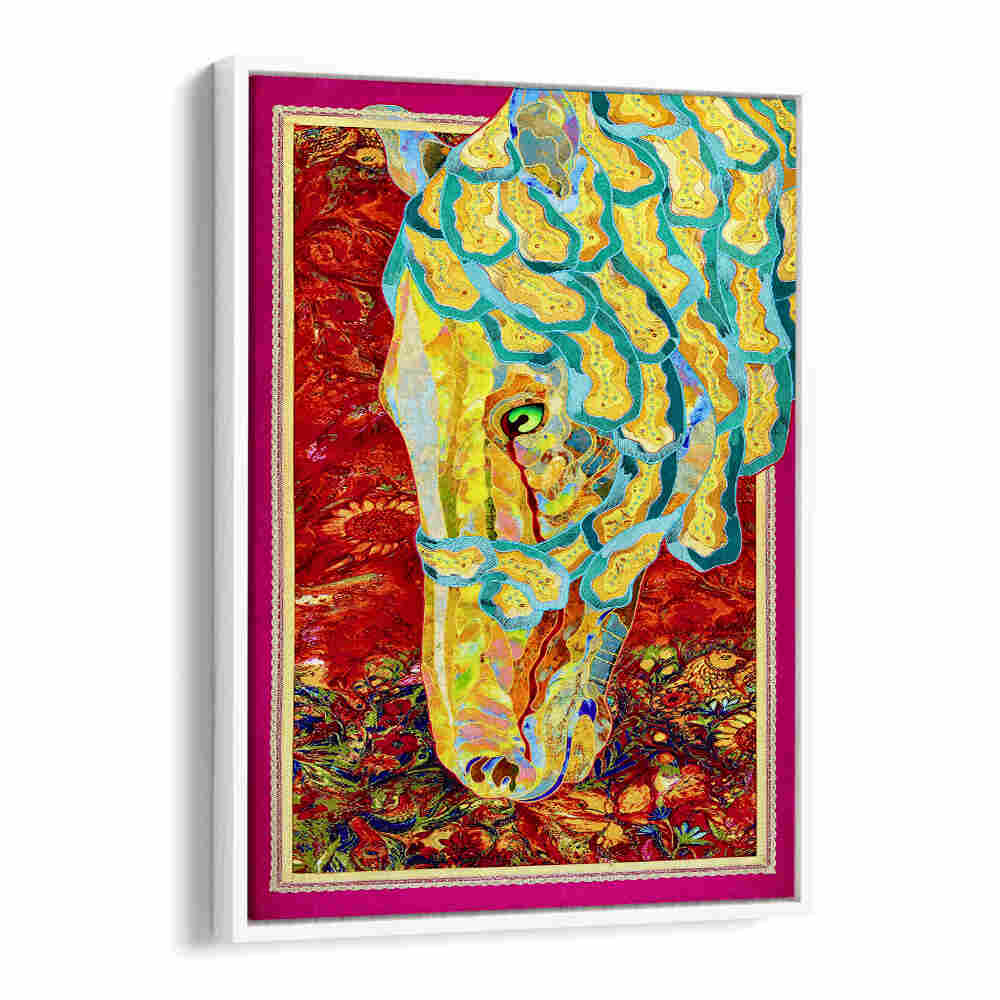 Vibrant FIRE & MANE animal painting showcasing a colorful horse against a striking red background.