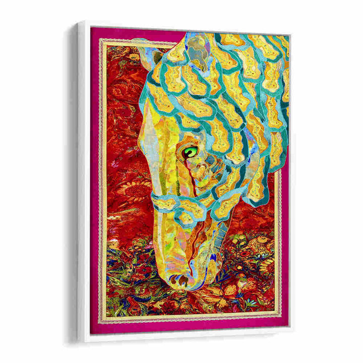 Vibrant FIRE & MANE animal painting showcasing a colorful horse against a striking red background.