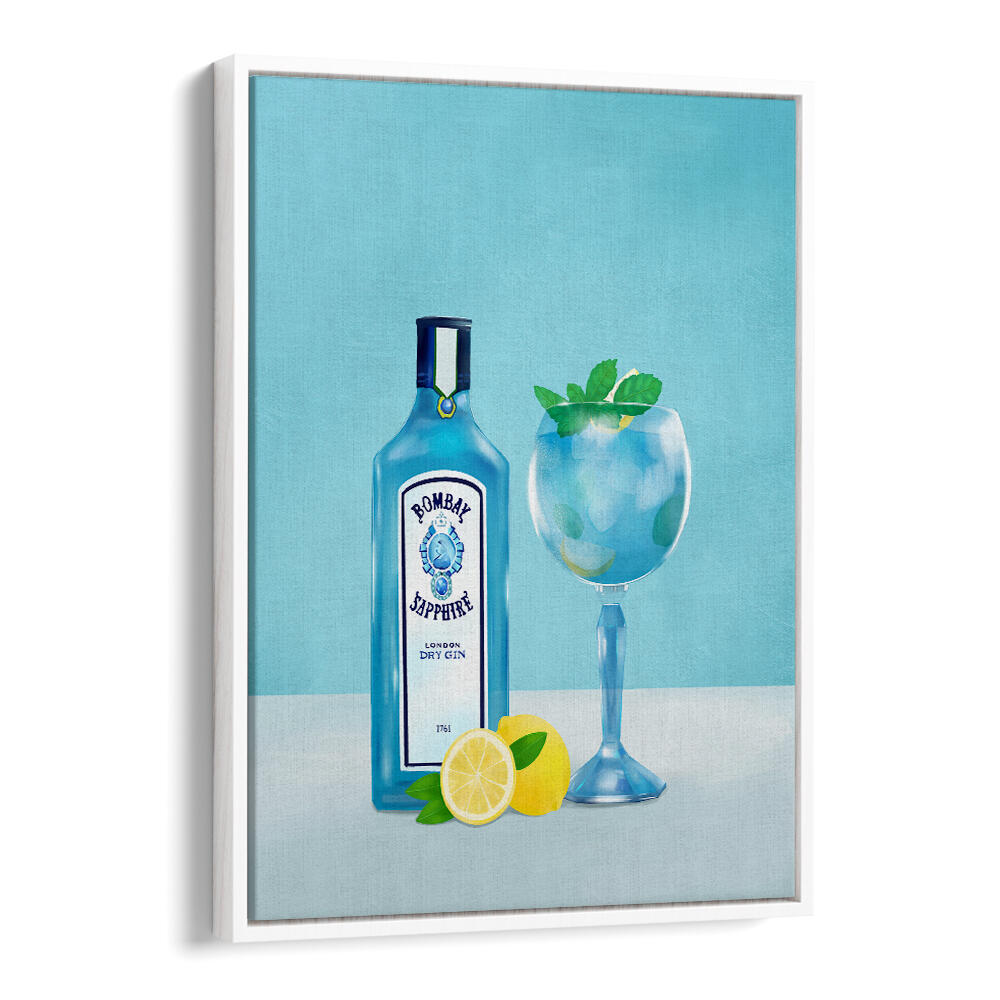 GIN COCKTAIL , BAR art by White Floater: Bombay Sapphire bottle with a blue cocktail glass and lemons.