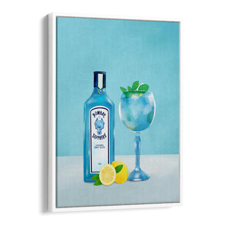 GIN COCKTAIL , BAR art by White Floater: Bombay Sapphire bottle with a blue cocktail glass and lemons.