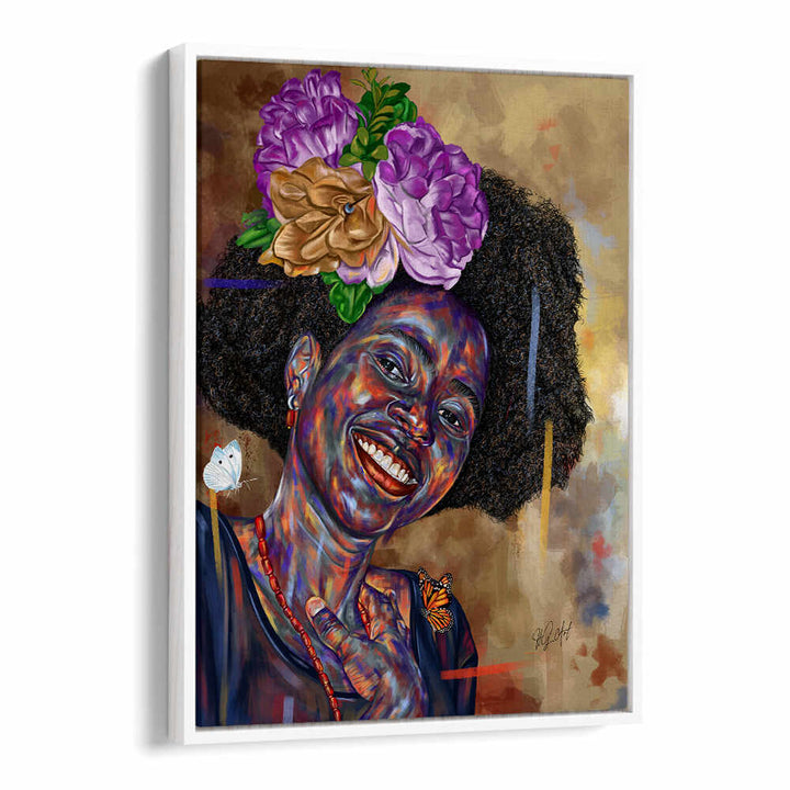 GOOD FEELINGS , PORTRAITS vibrant figurative portrait of smiling woman with floral crown and butterflies — Whitefloater