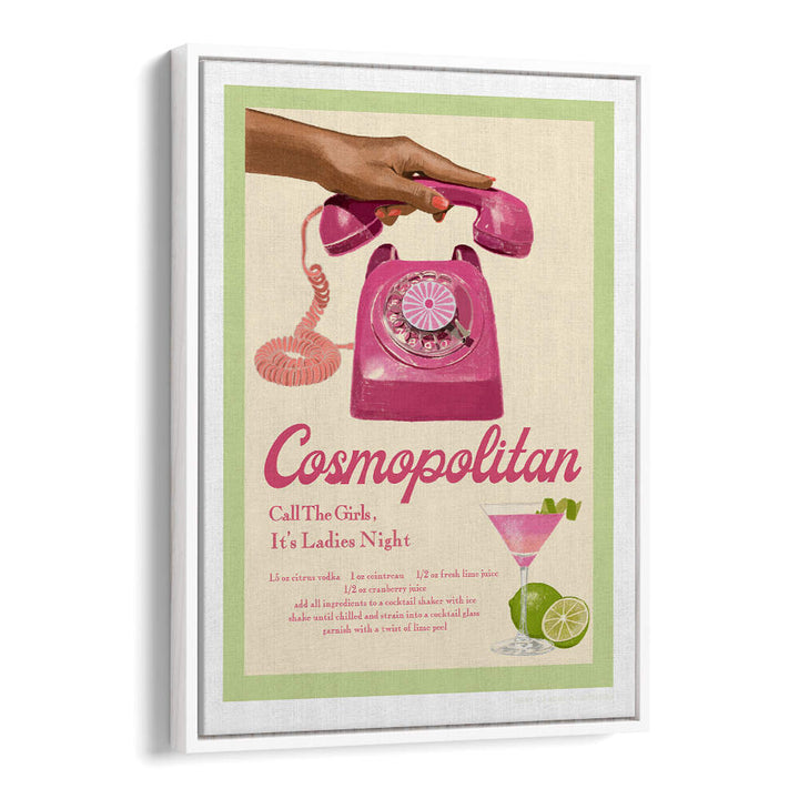 Colorful JLR COCKTAILS COSMOPOLITAN, FASHION POSTERS featuring a retro phone and cocktail recipe, perfect for home decor.