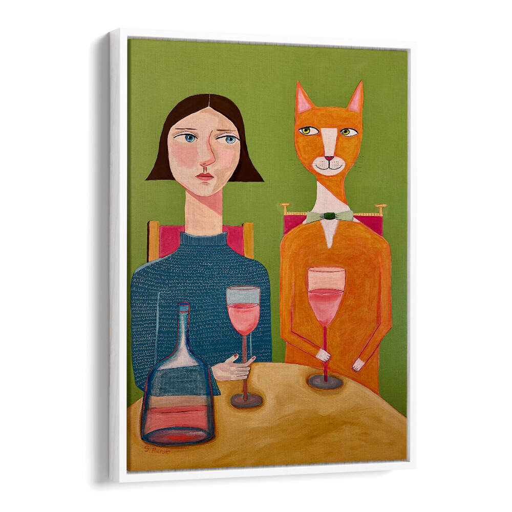 LADY AND CAT DRINKING WINE  , PORTRAITS & FIGURATIVE ILLUSTRATIONS