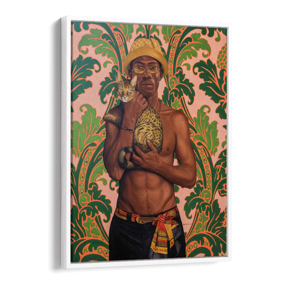 Vibrant MOOSA African Art Paintings showcase rich cultural heritage, featuring a man holding a cat against a colorful backdrop.