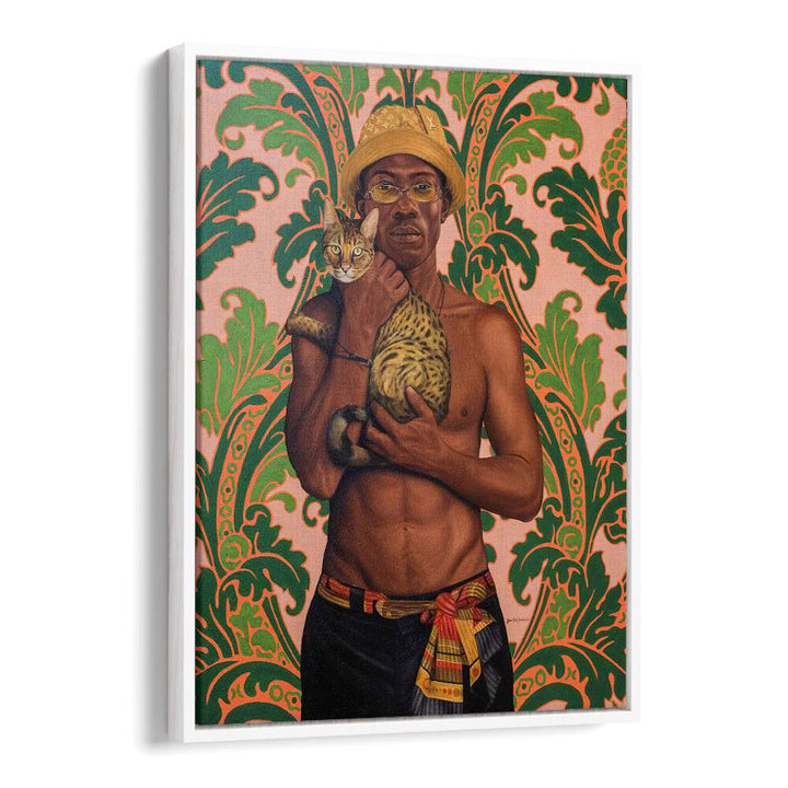 Vibrant MOOSA African Art Paintings showcase rich cultural heritage, featuring a man holding a cat against a colorful backdrop.