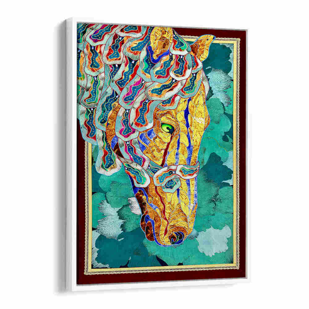 Vibrant MYSTIC MUSTANG, ANIMAL PAINTINGS featuring a colorful horse portrait on a turquoise background.