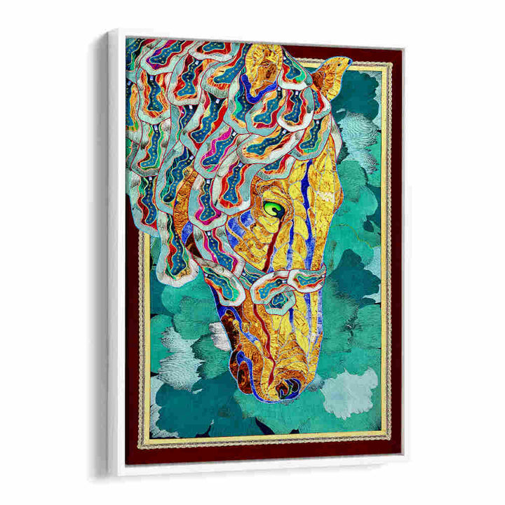 Vibrant MYSTIC MUSTANG, ANIMAL PAINTINGS featuring a colorful horse portrait on a turquoise background.