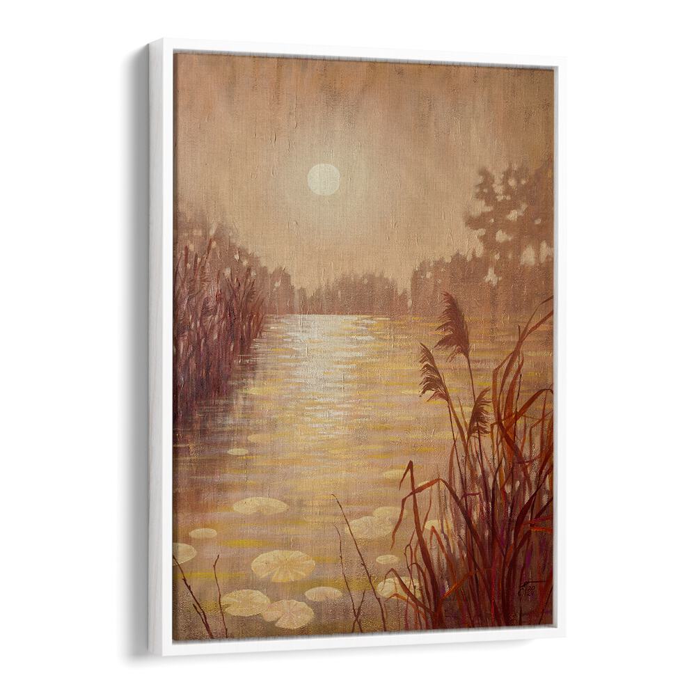Pond with Reeds at Sunset, landscape paintings showcasing serene beauty in warm hues for your home decor.