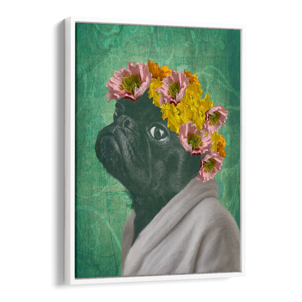 Charming PUG PORTRAIT, FASHION POSTERS feature a stylish pug adorned with flowers, perfect for dog lovers' decor.