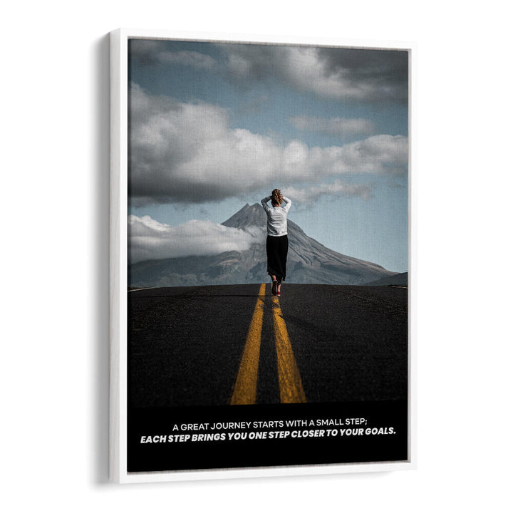 Whitefloater SMALL STEPS , QUOTES poster: a person walking down a road toward mountains with motivational typography.