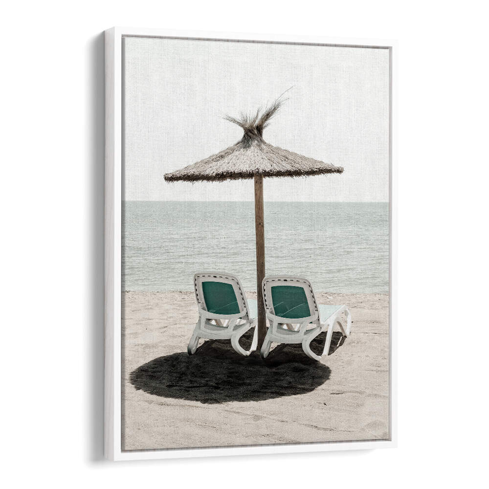 Serene scene featuring beach chairs under a straw umbrella, perfect for showcasing SOLARIS II, BEACH PAINTINGS.