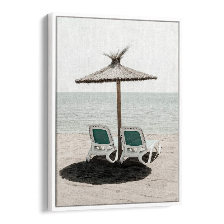 Serene scene featuring beach chairs under a straw umbrella, perfect for showcasing SOLARIS II, BEACH PAINTINGS.