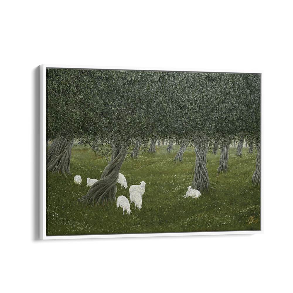 Shamble Grove, animal paintings of sheep grazing under twisted trees, perfect for enhancing your outdoor decor.