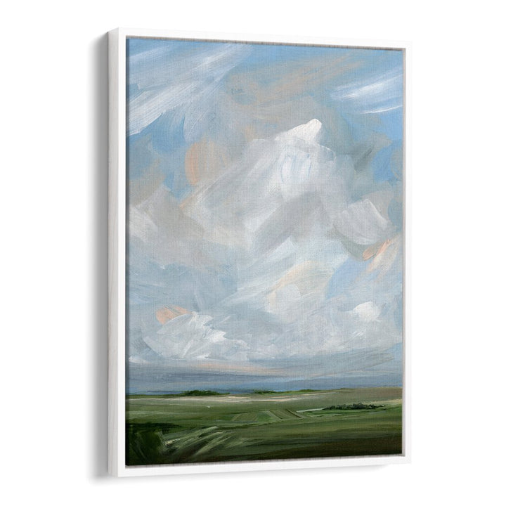 Stunning "THIS LAND, ABSTRACT PAINTINGS" artwork featuring soft clouds and green landscapes, perfect for home decor.