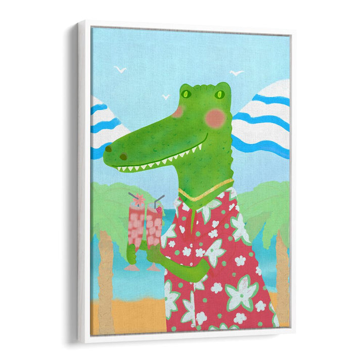 Vibrant TROPICAL REFRESHMENTS, KIDS ROOM PAINTINGS featuring a friendly alligator holding drinks in a colorful setting.