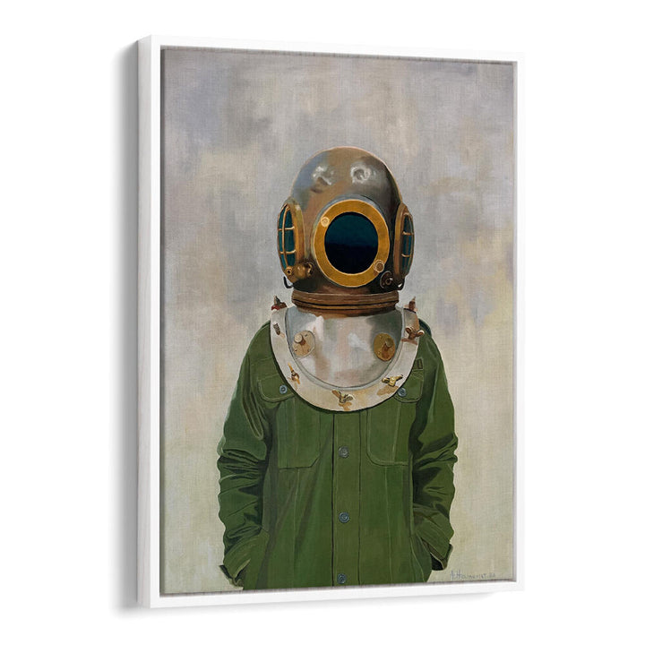 VINTAGE DIVER'S HELMET ON A PERSON , PORTRAITS & FIGURATIVE ILLUSTRATIONS