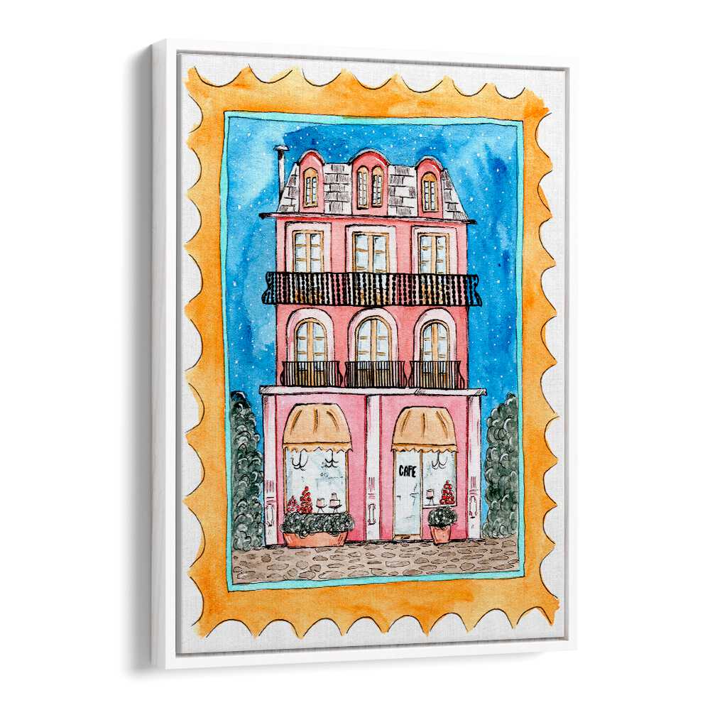 Stylish artwork of a cafe building, perfect for enhancing spaces with CAFE MID NIGHT, BAR ambiance.