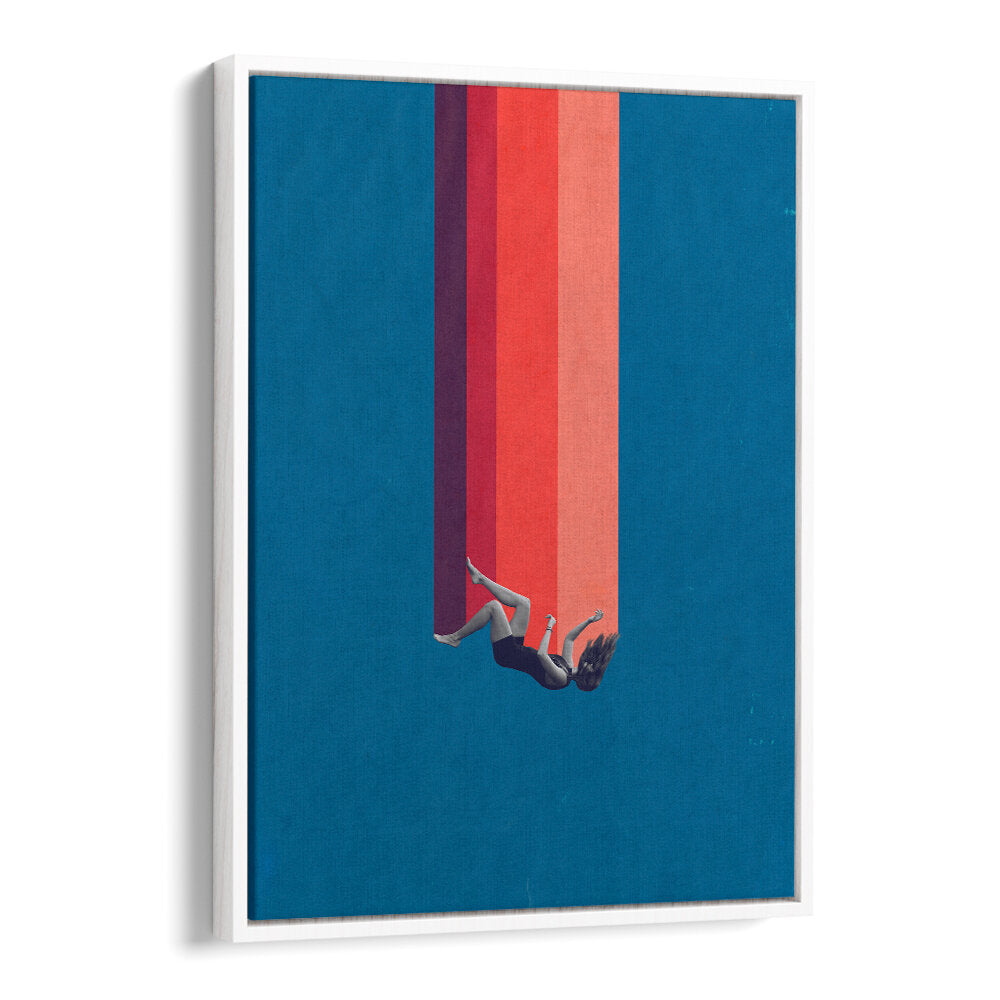 FALLING LOVE, SURREAL ART PRINTS showcase a captivating figure descending through vibrant stripes on a blue backdrop.