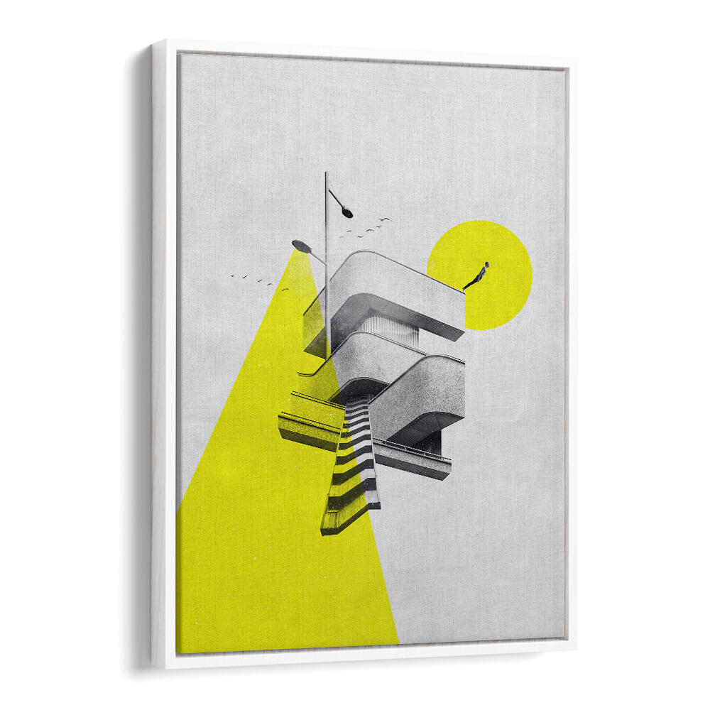 Bright yellow and gray surreal art print titled "FIRST STEP, SURREAL ART PRINTS" featuring unique geometric shapes.