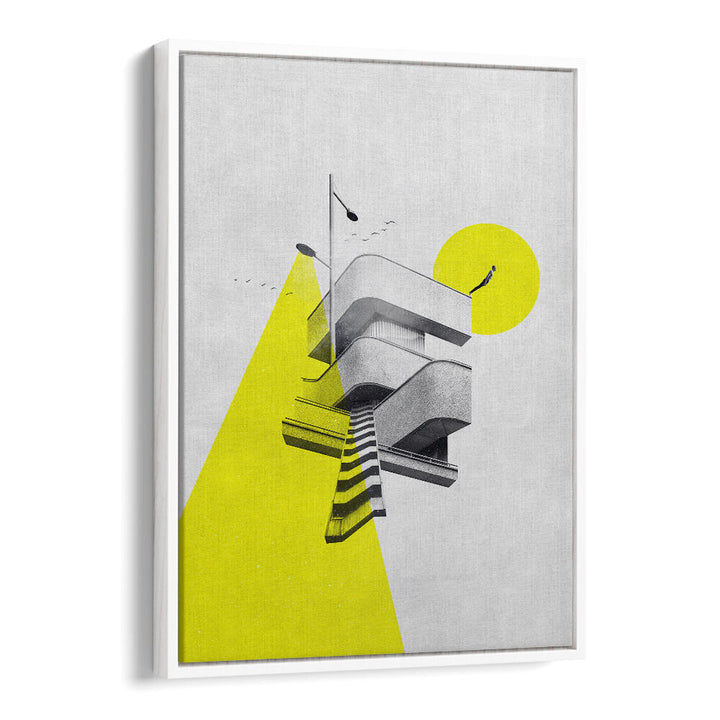 Bright yellow and gray surreal art print titled "FIRST STEP, SURREAL ART PRINTS" featuring unique geometric shapes.
