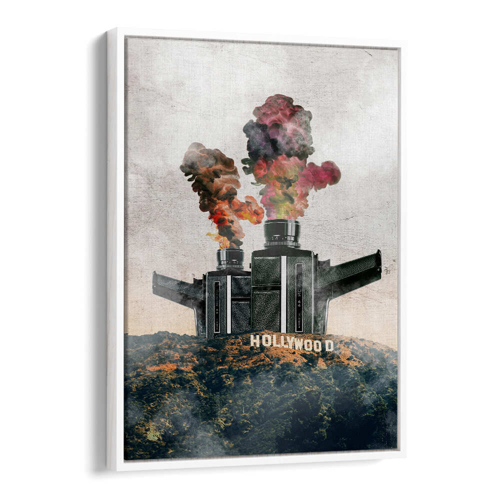 Surreal art print featuring a whimsical Hollywood scene with smoke, perfect for art enthusiasts. HOLLYWOOD, SURREAL ART PRINTS.