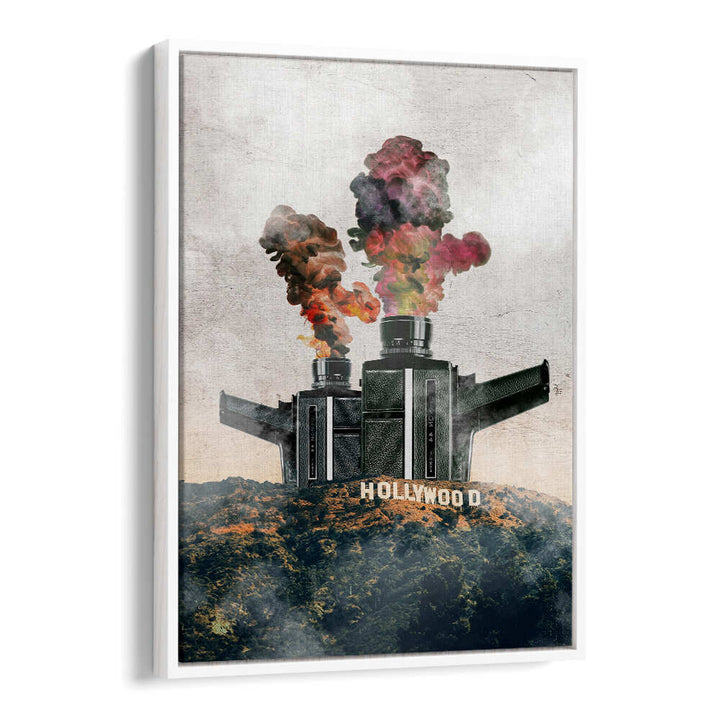 Surreal art print featuring a whimsical Hollywood scene with smoke, perfect for art enthusiasts. HOLLYWOOD, SURREAL ART PRINTS.