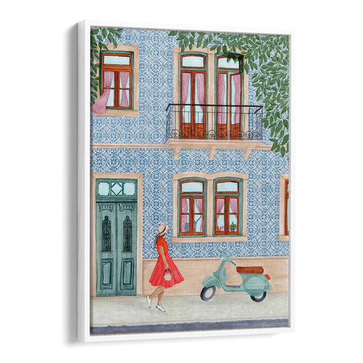 Stylish lady with scooter walking past a blue building, perfect for Bar & Cafe art decor. LADY WITH SCOOTER, BAR.