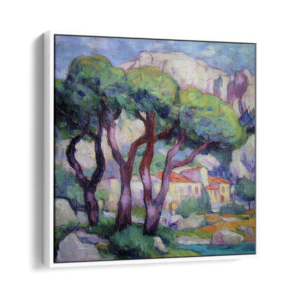 Serene artwork of PINE TREES IN FRONT OF THE HOUSE, adding nature's tranquility to your living space.
