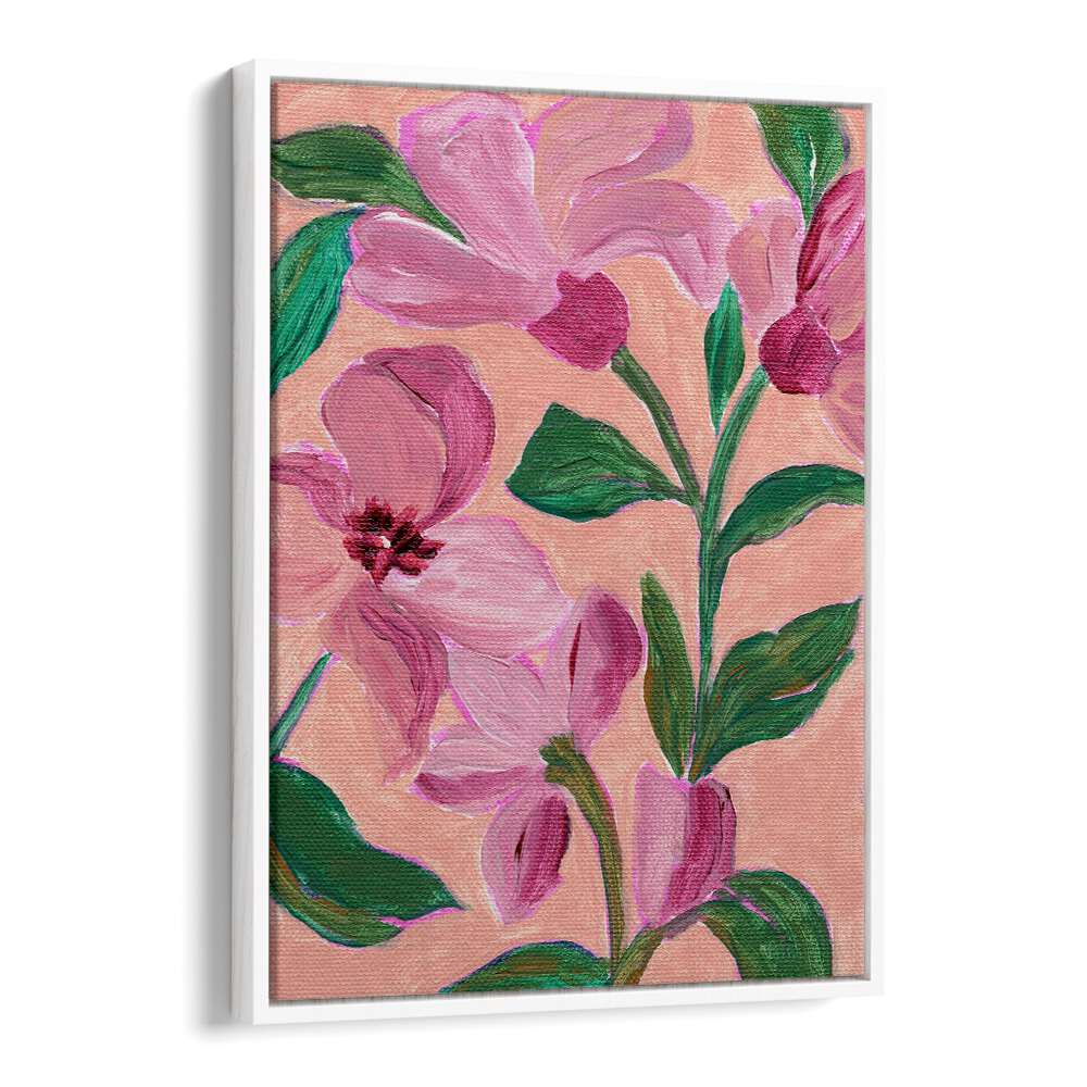 PINK FLOWERS LEAVES , FLORAL FLOWER PAINTINGS