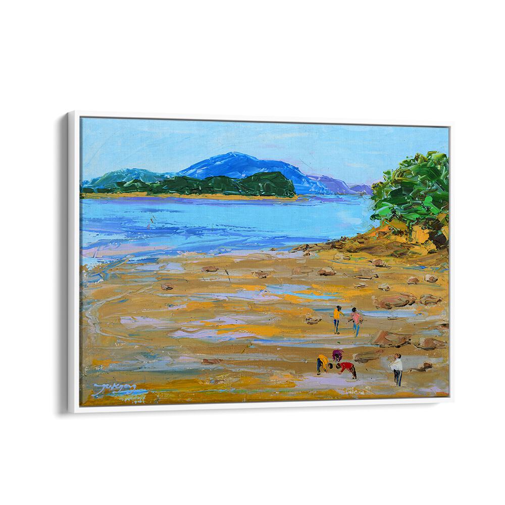 Vivid BEACH STORY II, BEACH PAINTINGS capturing a serene beach scene with people exploring the shore.
